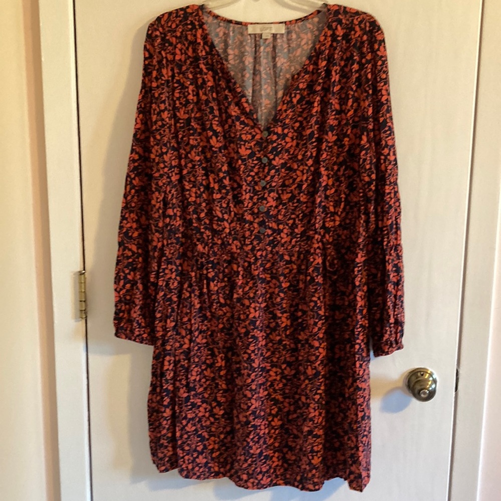 LOFT Dress size large. Navy w/orange leaves.  Long sleeve.  Never worn!